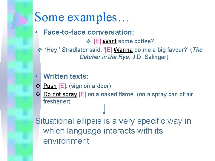 Some examples… • Face-to-face conversation: v [E] Want some coffee? v ‘Hey, ’ Stradlater