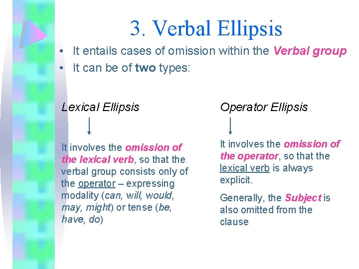 3. Verbal Ellipsis • It entails cases of omission within the Verbal group •