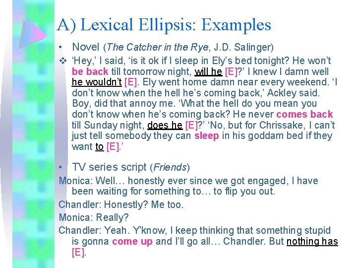 A) Lexical Ellipsis: Examples • Novel (The Catcher in the Rye, J. D. Salinger)