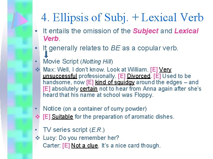 4. Ellipsis of Subj. + Lexical Verb • It entails the omission of the