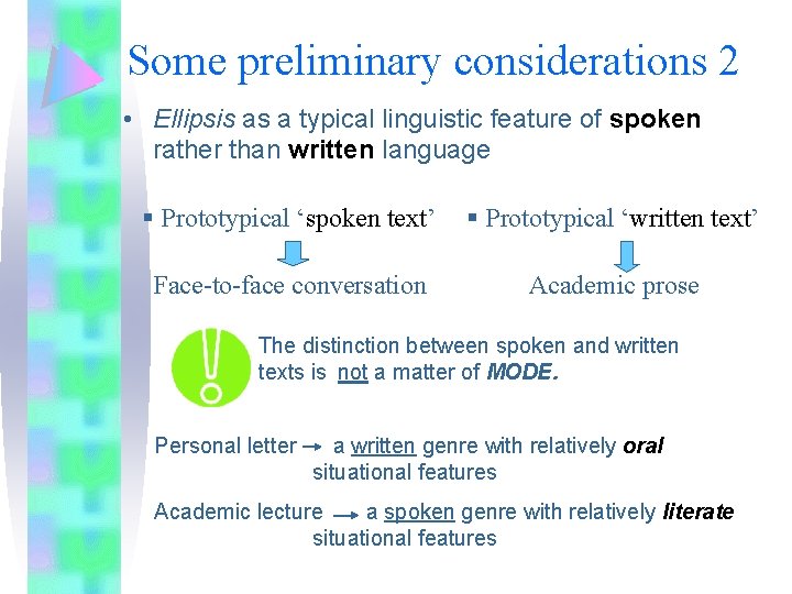 Some preliminary considerations 2 • Ellipsis as a typical linguistic feature of spoken rather
