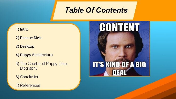 Table Of Contents 1) Intro 2) Rescue Disk 3) Desktop 4) Puppy Architecture 5) Table Of Contents 1) Intro 2) Rescue Disk 3) Desktop 4) Puppy Architecture 5)