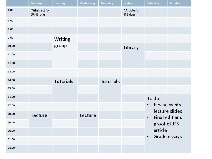 Monday 6. 00 Tuesday Wednesday Thursday *Abstract for SRHE due Friday Saturday Sunday *Article