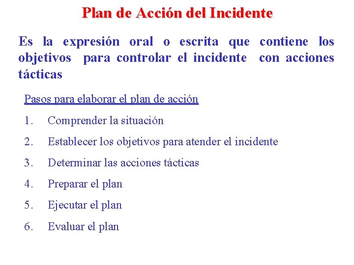 Plan de Acción del Incidente Es la expresión oral o escrita que contiene los