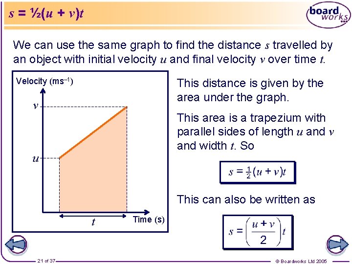 s = ½(u + v)t We can use the same graph to find the