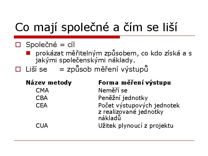 Co mají společné a čím se liší o Společné = cíl n prokázat měřitelným