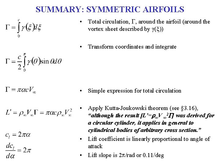SUMMARY: SYMMETRIC AIRFOILS • Total circulation, G, around the airfoil (around the vortex sheet