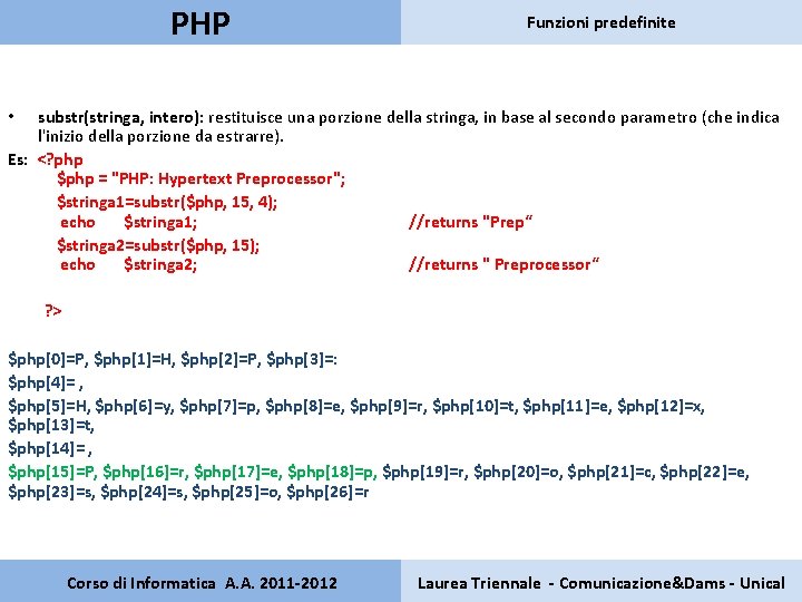 PHP Funzioni predefinite substr(stringa, intero): restituisce una porzione della stringa, in base al secondo