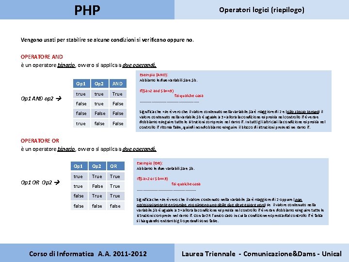 PHP Operatori logici (riepilogo) Vengono usati per stabilire se alcune condizioni si verificano oppure