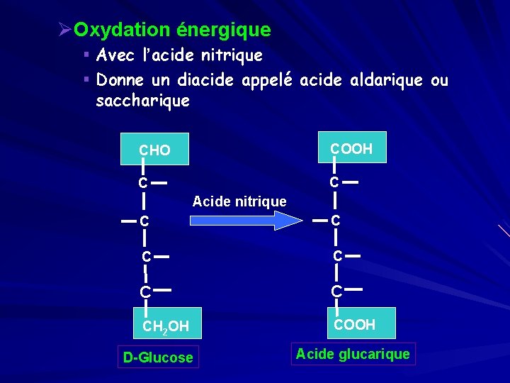 ØOxydation énergique § Avec l’acide nitrique § Donne un diacide appelé acide aldarique ou