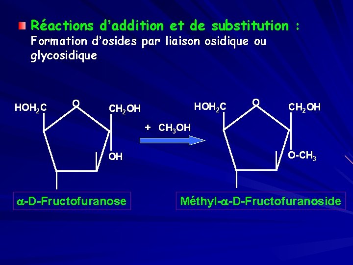 Réactions d’addition et de substitution : Formation d’osides par liaison osidique ou glycosidique HOH