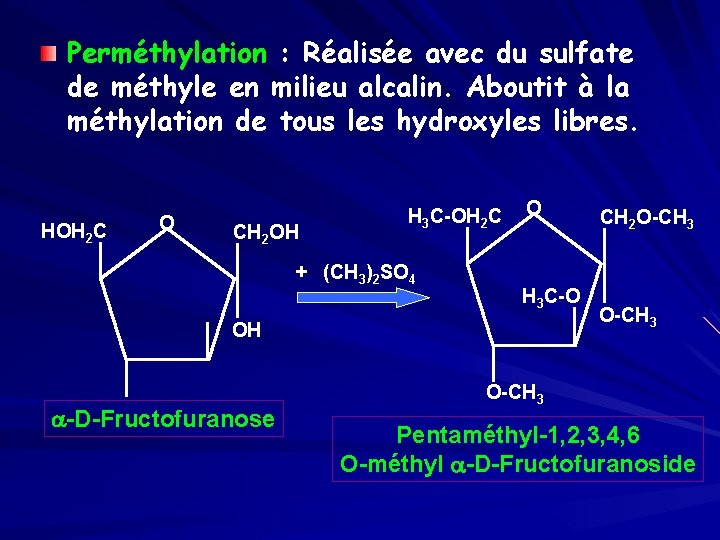 Perméthylation : Réalisée avec du sulfate de méthyle en milieu alcalin. Aboutit à la