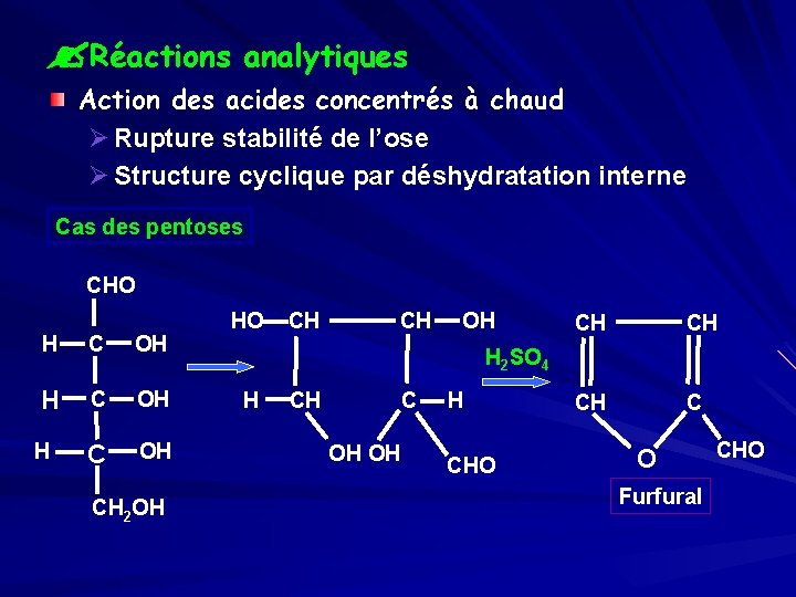 ? Réactions analytiques Action des acides concentrés à chaud Ø Rupture stabilité de l’ose