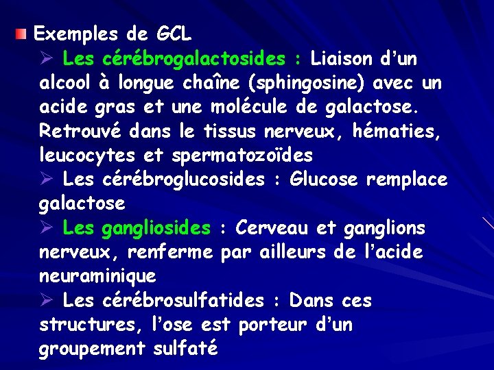 Exemples de GCL Ø Les cérébrogalactosides : Liaison d’un alcool à longue chaîne (sphingosine)