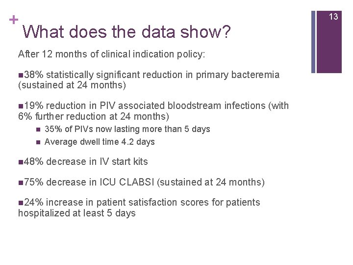 + 13 What does the data show? After 12 months of clinical indication policy: