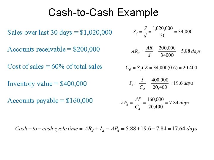 Cash-to-Cash Example Sales over last 30 days = $1, 020, 000 Accounts receivable =
