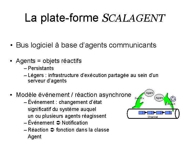 La plate-forme SCALAGENT • Bus logiciel à base d’agents communicants • Agents = objets