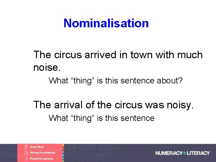 Nominalisation • The circus arrived in town with much noise. What “thing” is this