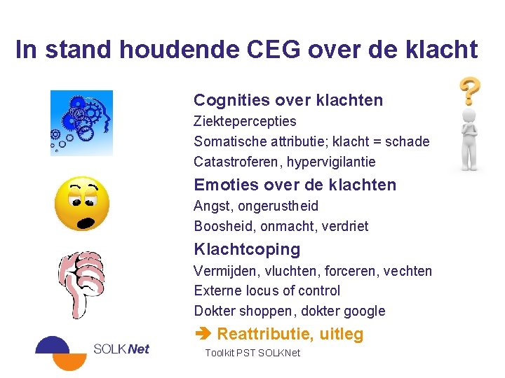 In stand houdende CEG over de klacht Cognities over klachten Ziektepercepties Somatische attributie; klacht