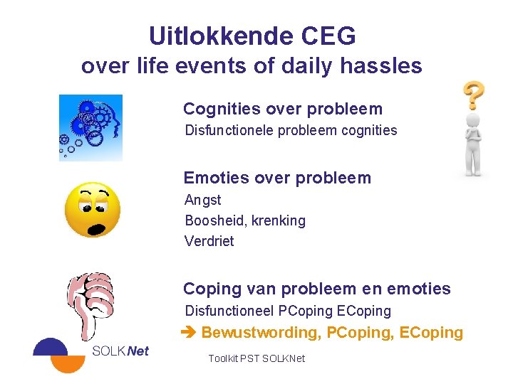 Uitlokkende CEG over life events of daily hassles Cognities over probleem Disfunctionele probleem cognities