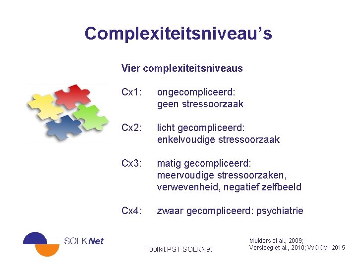 Complexiteitsniveau’s Vier complexiteitsniveaus Cx 1: ongecompliceerd: geen stressoorzaak Cx 2: licht gecompliceerd: enkelvoudige stressoorzaak