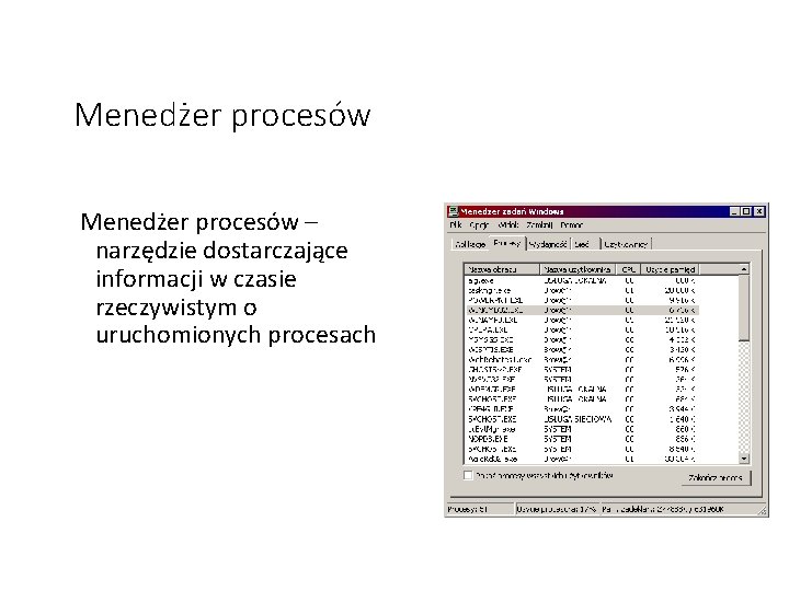 Menedżer procesów – narzędzie dostarczające informacji w czasie rzeczywistym o uruchomionych procesach Menedżer procesów – narzędzie dostarczające informacji w czasie rzeczywistym o uruchomionych procesach