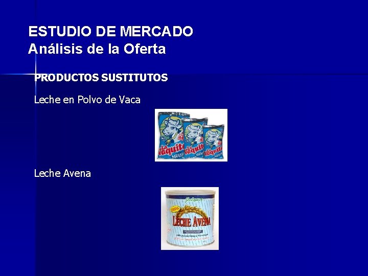 ESTUDIO DE MERCADO Análisis de la Oferta PRODUCTOS SUSTITUTOS Leche en Polvo de Vaca