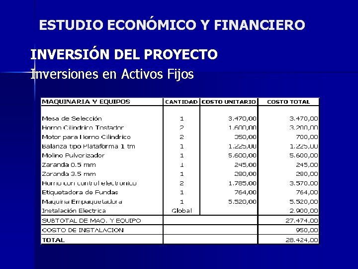 ESTUDIO ECONÓMICO Y FINANCIERO INVERSIÓN DEL PROYECTO Inversiones en Activos Fijos 