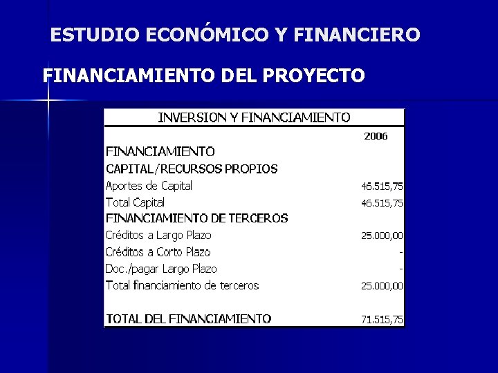 ESTUDIO ECONÓMICO Y FINANCIERO FINANCIAMIENTO DEL PROYECTO 