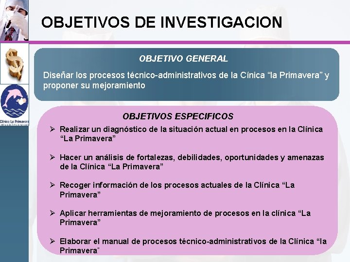 OBJETIVOS DE INVESTIGACION OBJETIVO GENERAL Diseñar los procesos técnico-administrativos de la Cínica “la Primavera”