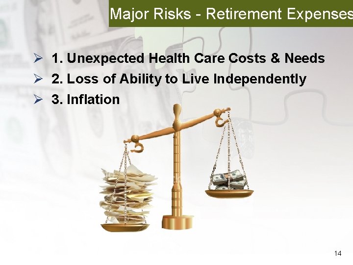 Major Risks - Retirement Expenses Ø 1. Unexpected Health Care Costs & Needs Ø