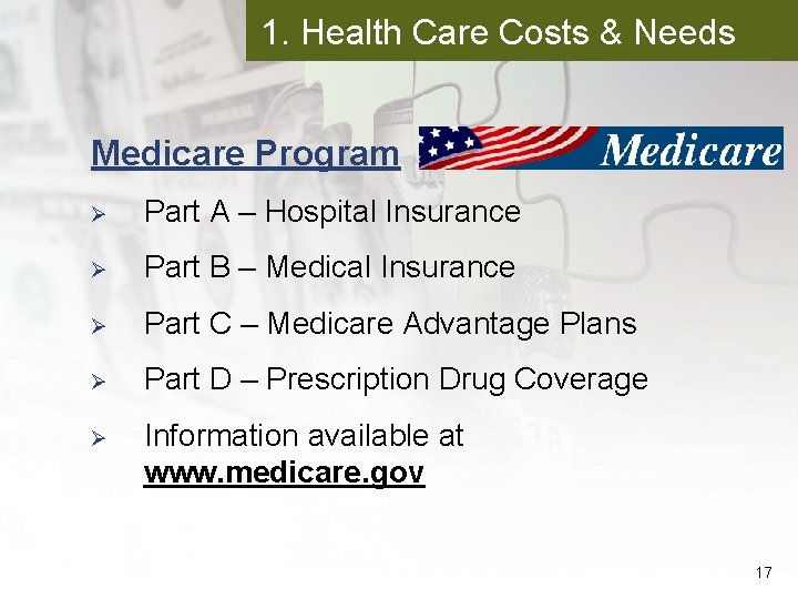 1. Health Care Costs & Needs Medicare Program Ø Part A – Hospital Insurance