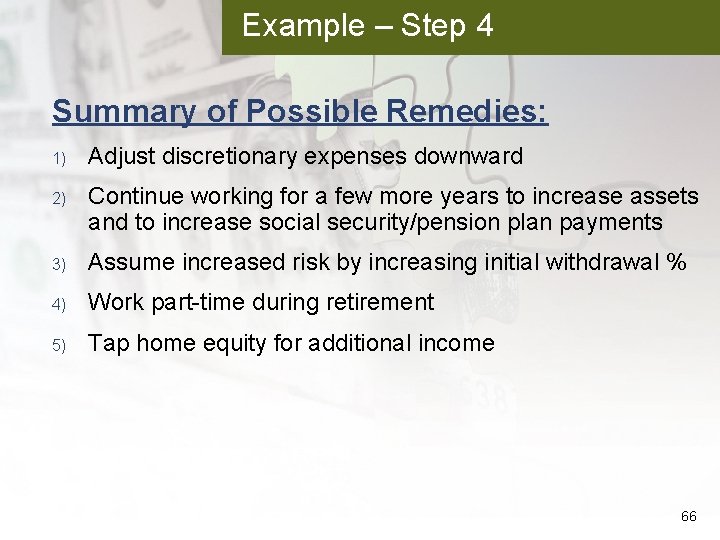 Example – Step 4 Summary of Possible Remedies: 1) Adjust discretionary expenses downward 2)