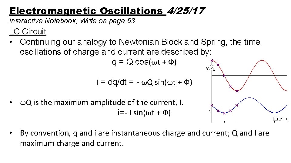 Electromagnetic Oscillations 4/25/17 Interactive Notebook, Write on page 63 LC Circuit • Continuing our