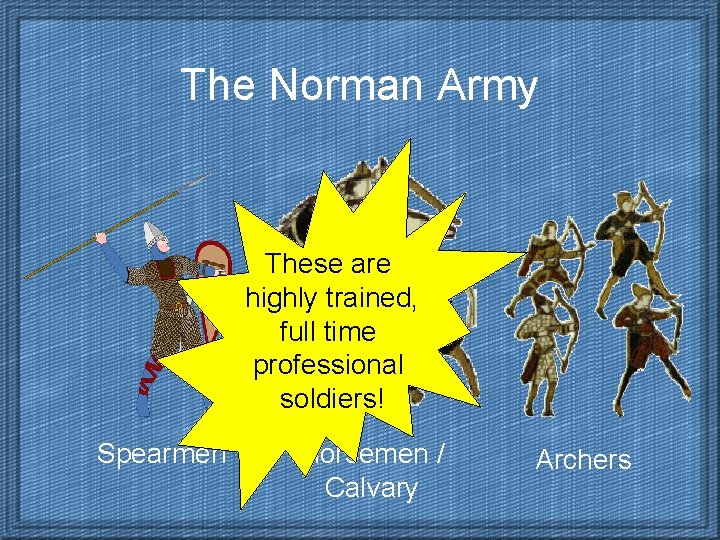 The Norman Army These are highly trained, full time professional soldiers! Spearmen Horsemen /