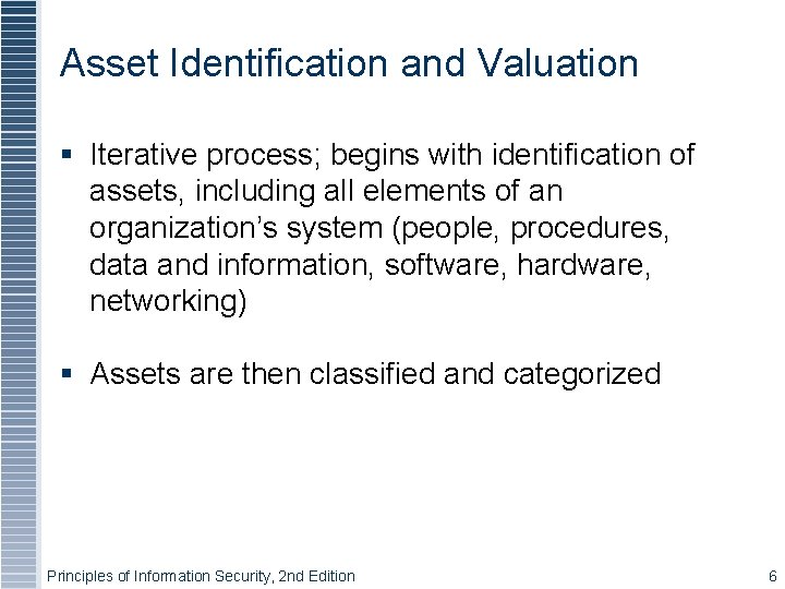 Asset Identification and Valuation § Iterative process; begins with identification of assets, including all