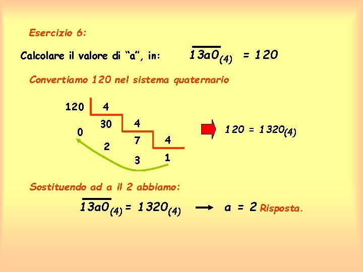 Esercizio 6: 13 a 0 (4) = 120 Calcolare il valore di “a”, in: Esercizio 6: 13 a 0 (4) = 120 Calcolare il valore di “a”, in: