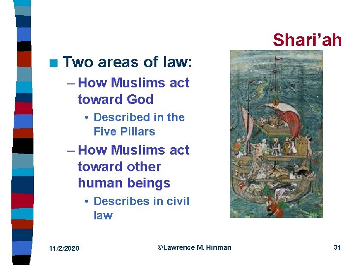 Shari’ah n Two areas of law: – How Muslims act toward God • Described