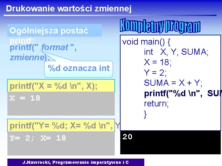 Drukowanie wartości zmiennej Ogólniejsza postać printf: printf(" format ", zmienne); %d oznacza int void