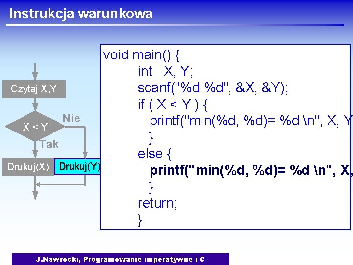 Instrukcja warunkowa void main() { int X, Y; scanf("%d %d", &X, &Y); Czytaj X,