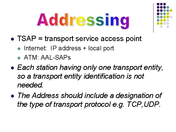 l TSAP = transport service access point l l Internet: IP address + local