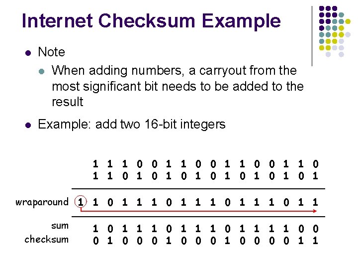 Internet Checksum Example l Note l When adding numbers, a carryout from the most