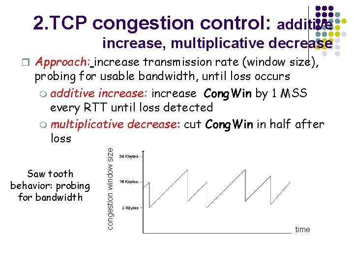 2. TCP congestion control: additive increase, multiplicative decrease r Approach: increase transmission rate (window