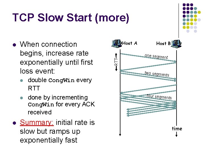 TCP Slow Start (more) When connection begins, increase rate exponentially until first loss event: