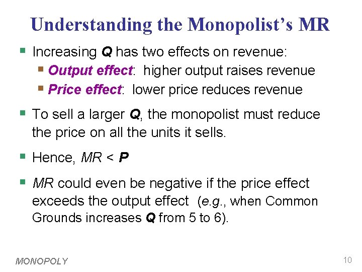 Understanding the Monopolist’s MR § Increasing Q has two effects on revenue: § Output