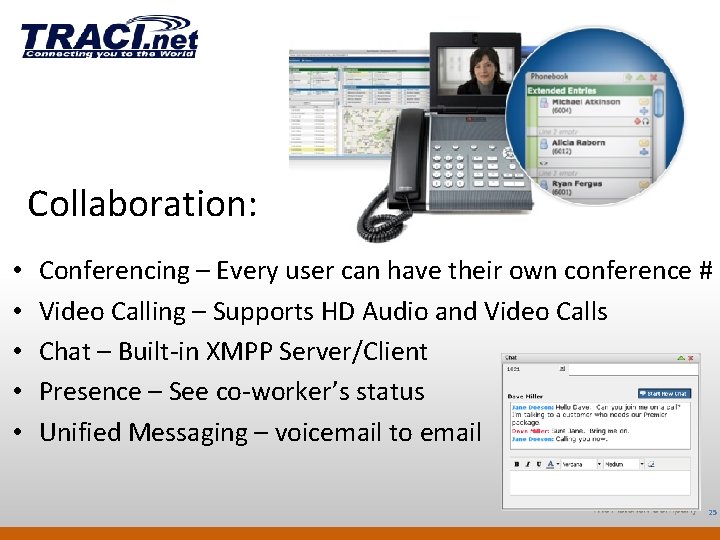 Collaboration: • • • Conferencing – Every user can have their own conference #