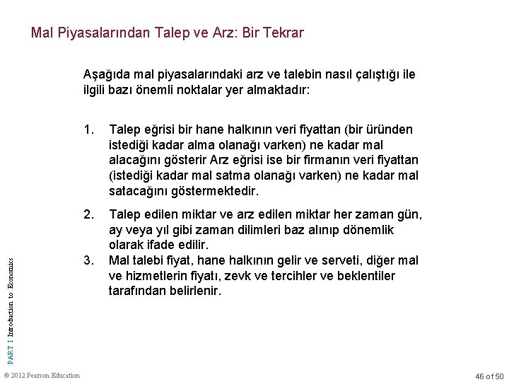 Mal Piyasalarından Talep ve Arz: Bir Tekrar PART I Introduction to Economics Aşağıda mal