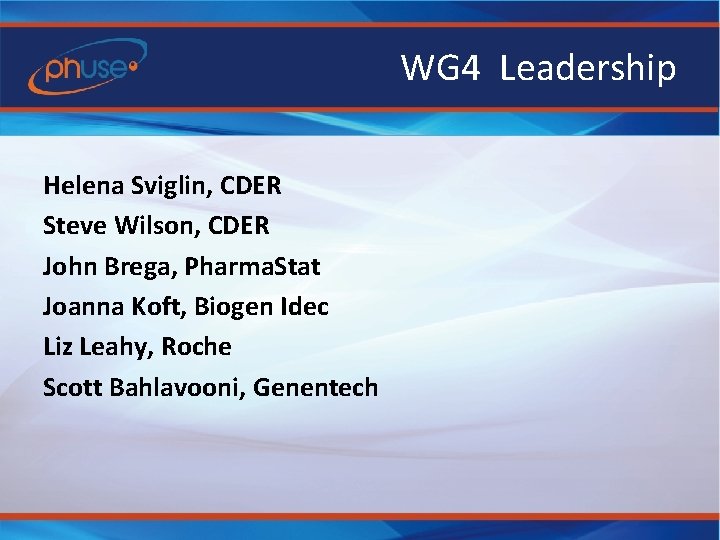WG 4 Leadership Helena Sviglin, CDER Steve Wilson, CDER John Brega, Pharma. Stat Joanna