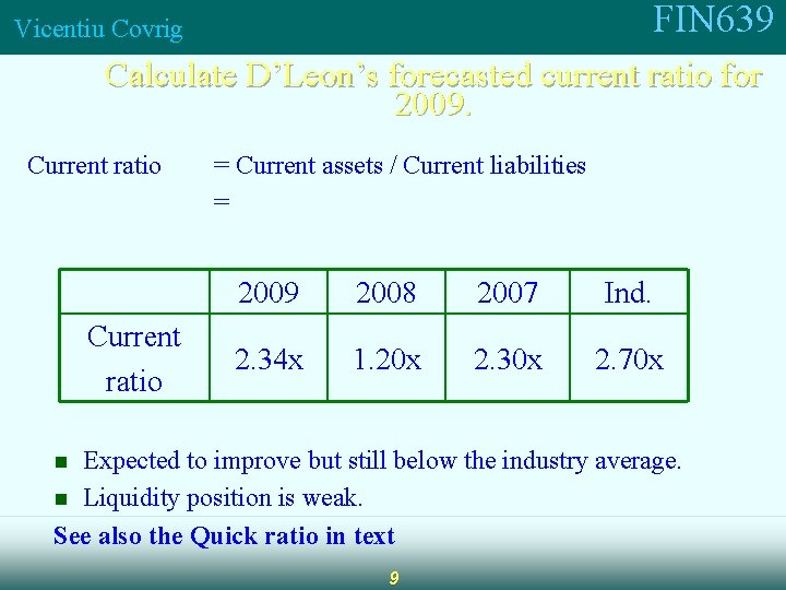 FIN 639 Vicentiu Covrig Calculate D’Leon’s forecasted current ratio for 2009. Current ratio =