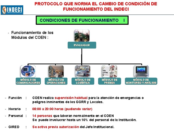 PROTOCOLO QUE NORMA EL CAMBIO DE CONDICIÓN DE FUNCIONAMIENTO DEL INDECI CONDICIONES DE FUNCIONAMIENTO